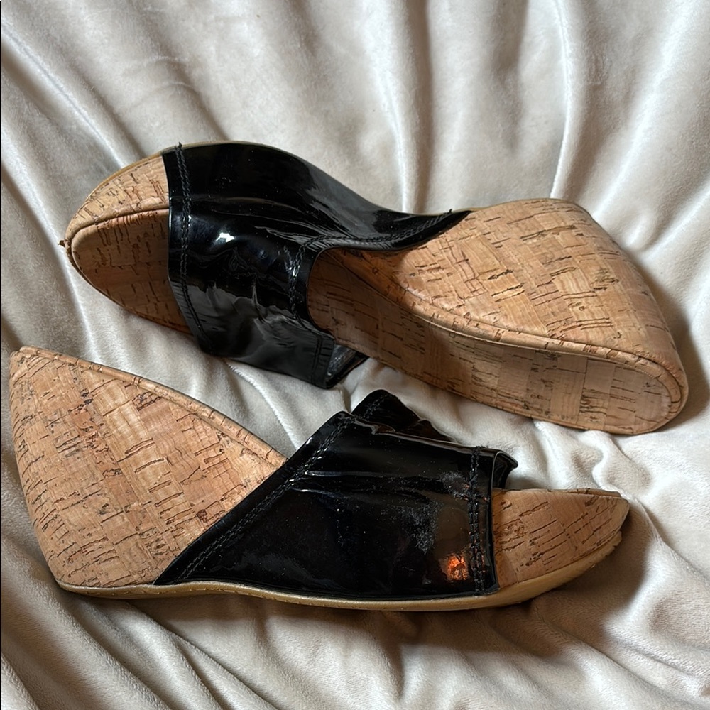 Stuart Weitzman Black Cork Wedge Sandals